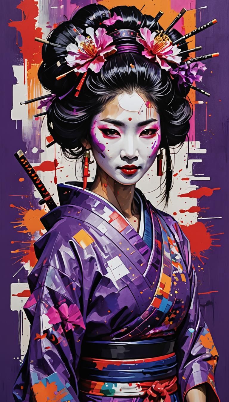 Smiling Geisha Samurai, small blood streaks on her face