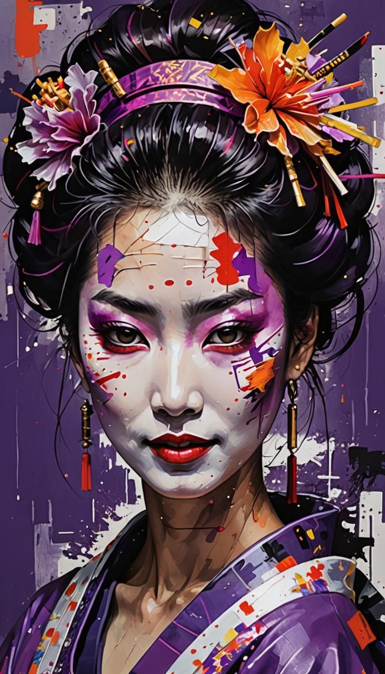 Smiling Geisha Samurai, small blood streaks on her face