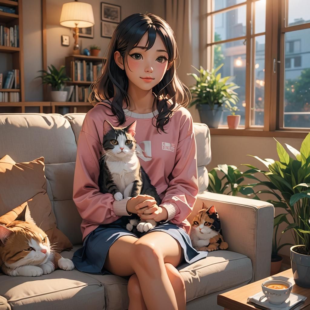 Girl and Cat on Couch in 3D Anime Art