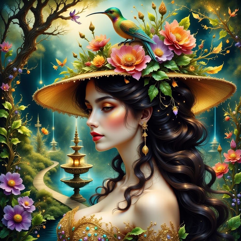 Woman in Lavish Hat with Hummingbird amidst Whimsical Garden...
