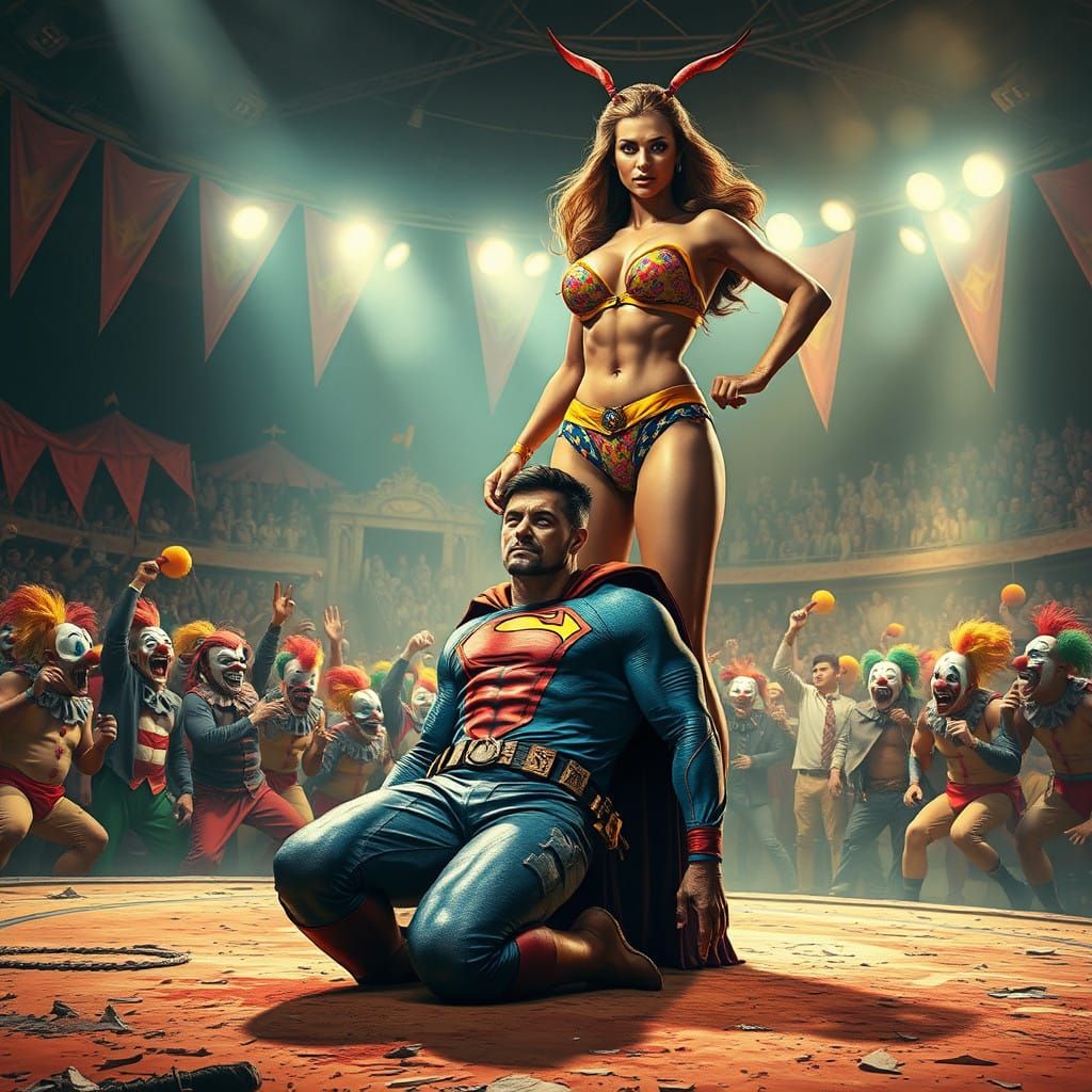 Defeated Hero Bows to Amazonian Warrior in a Decrepit Arena