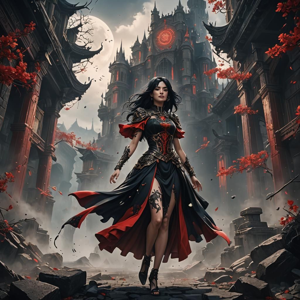 Gemini in Red and Black Dress: Fantasy Concept Art