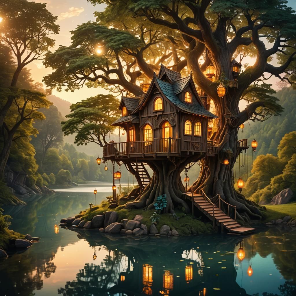 Magical Treehouse in Whimsical Fantasy Landscape