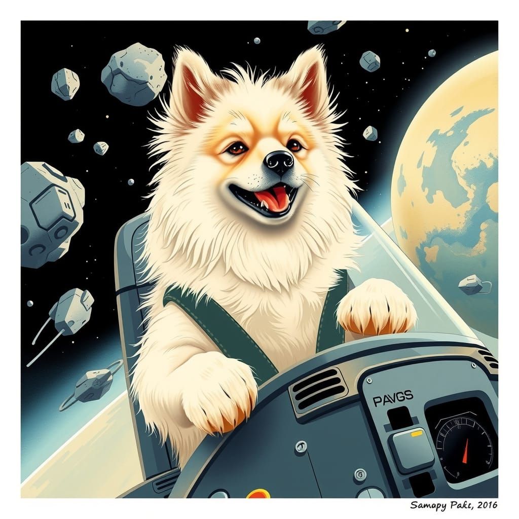 A Happy Samoyed Space Pilot Soars Through the Cosmos