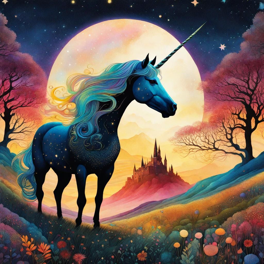 Luminous Unicorn on Starscape Hill in Watercolor