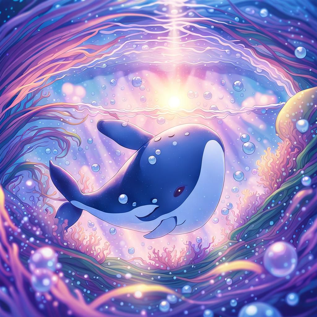Cute Whale Swimming in Underwater Anime Illustration