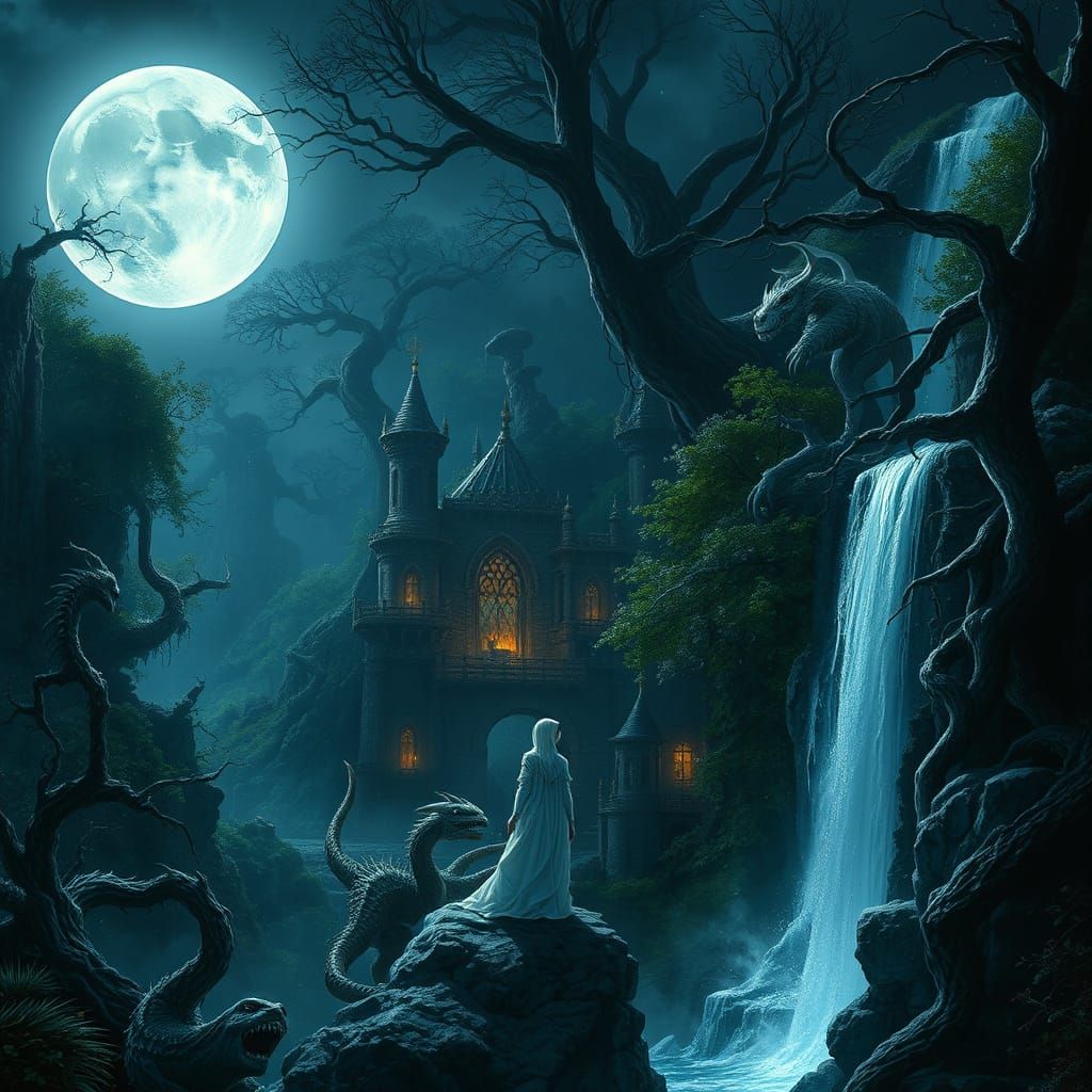 Moonlit Fantasy Forest with Mythical Beasts in Ethereal Styl...