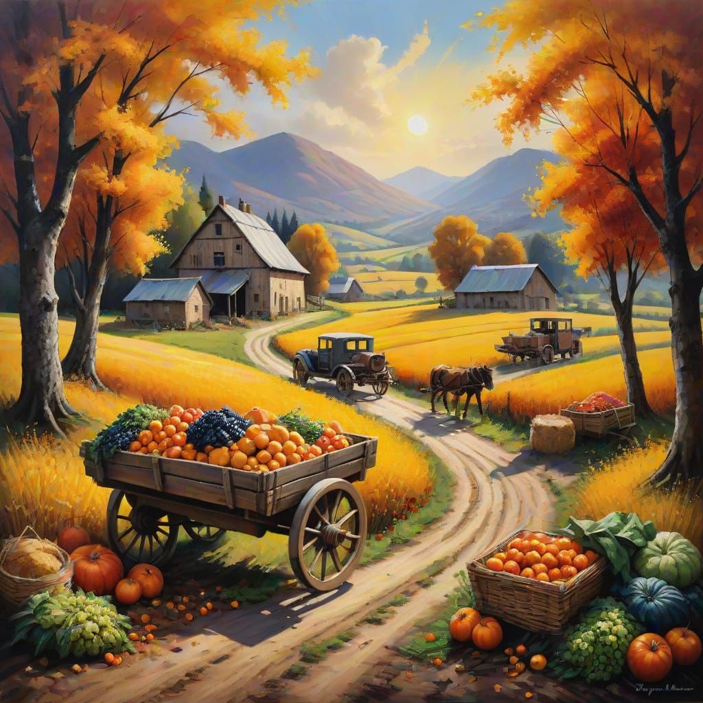 Vibrant Autumn Harvest Tableau in Golden Hour Light