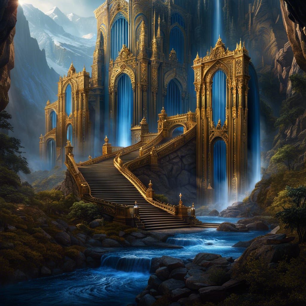 Golden Atlantis: Elves Gaze Upon Sapphire Falls