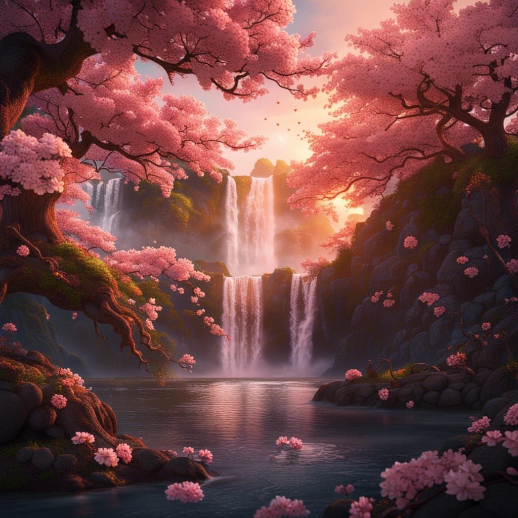 Sunset Cherry Blossoms and Waterfall: Fantasy Concept Art
