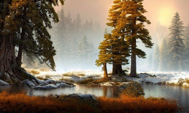 Snowfall on River Island: Epic Fantasy Landscape