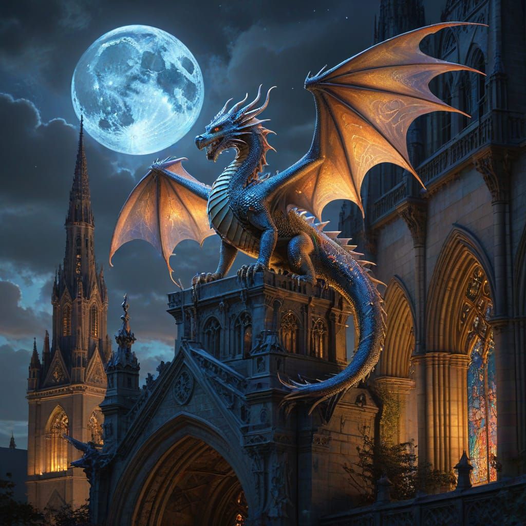 A majestic dragon perched atop a gothic cathedral, its scale...