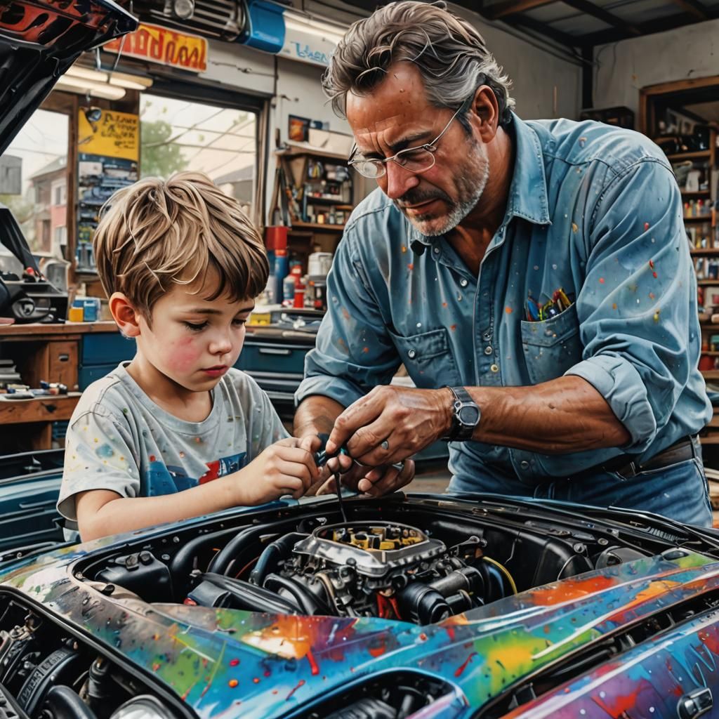 Father and Son Car Repair, Watercolor Style