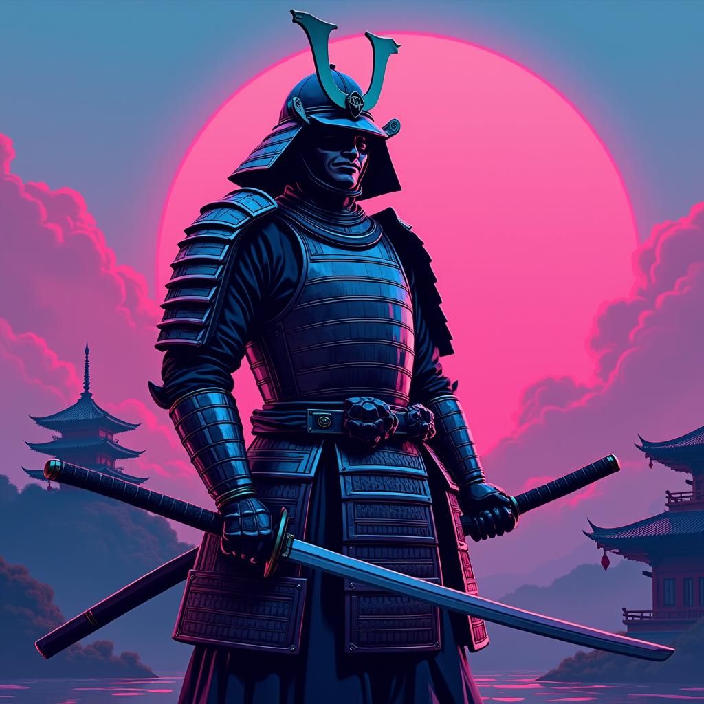 Samurai in Vaporwave Cubism Style with Katana