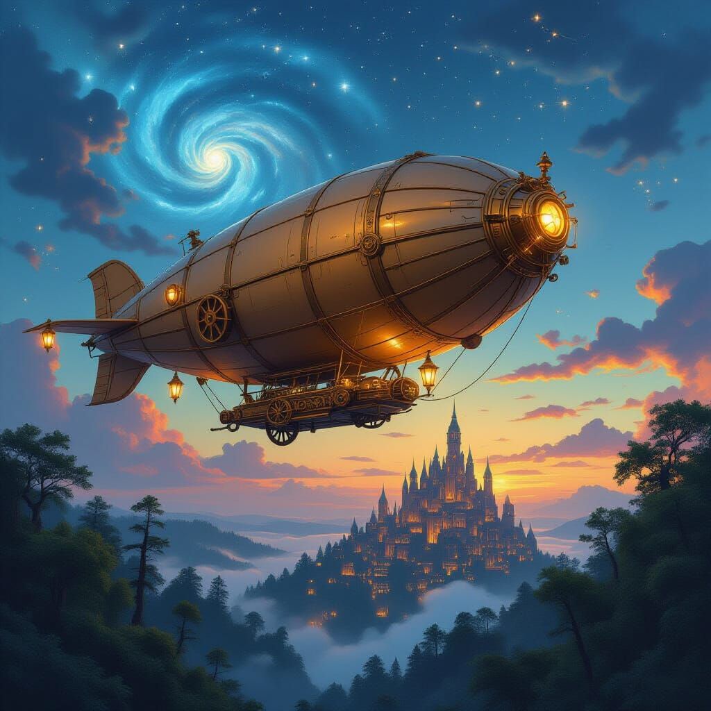 Steampunk Dirigible Soaring Over Bioluminescent Forest