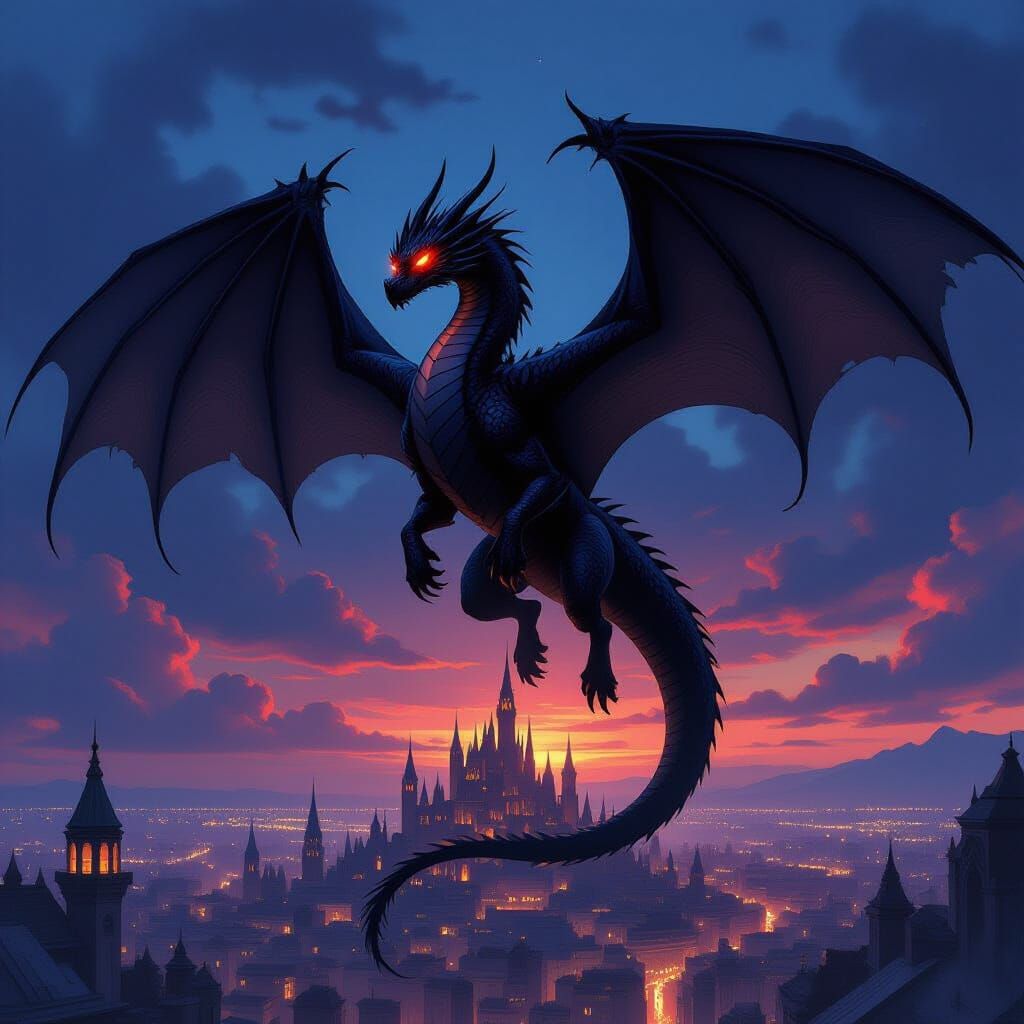 Black Dragon Over Twilight Metropolis