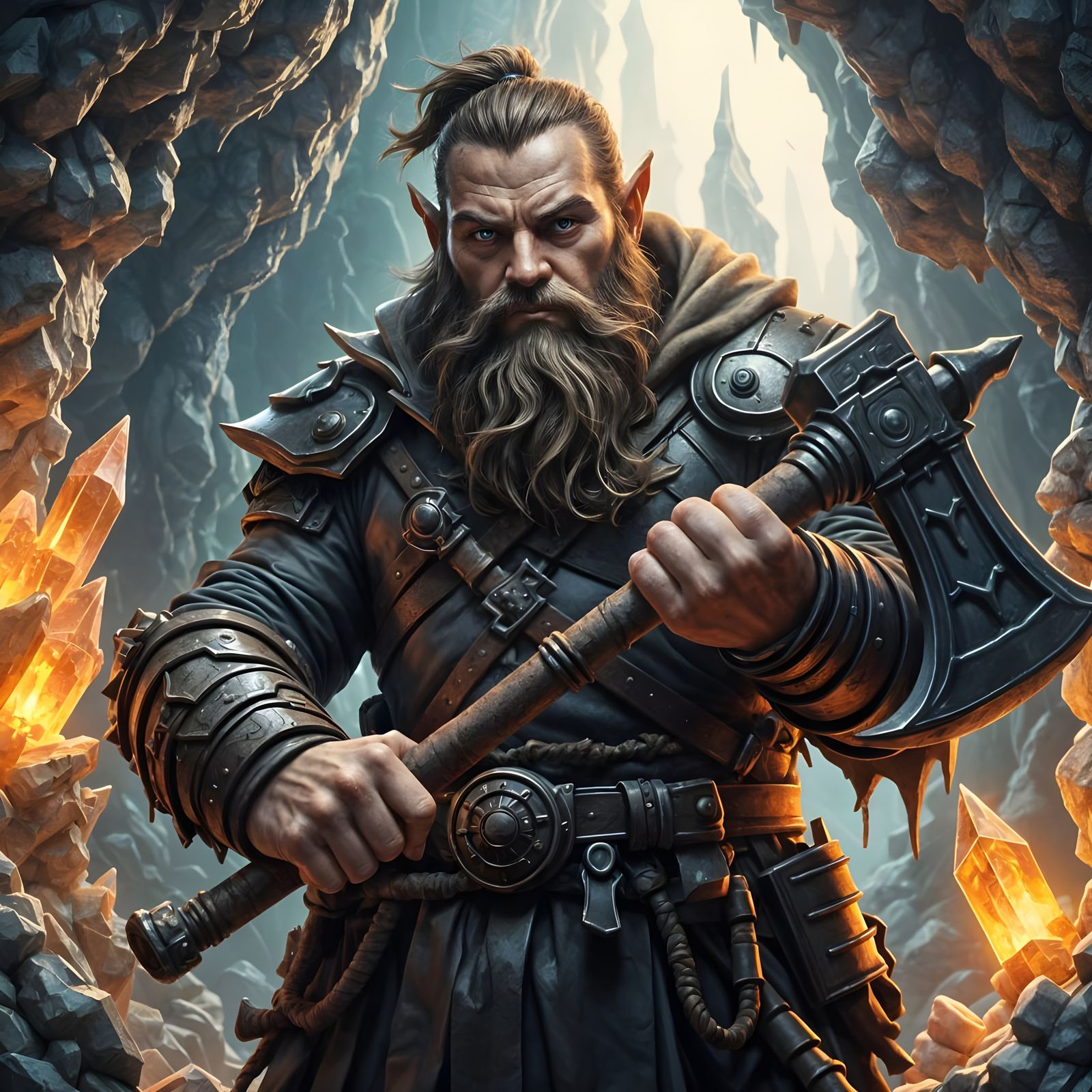 Dwarven Warrior in Crystal Cave, Art Nouveau Style