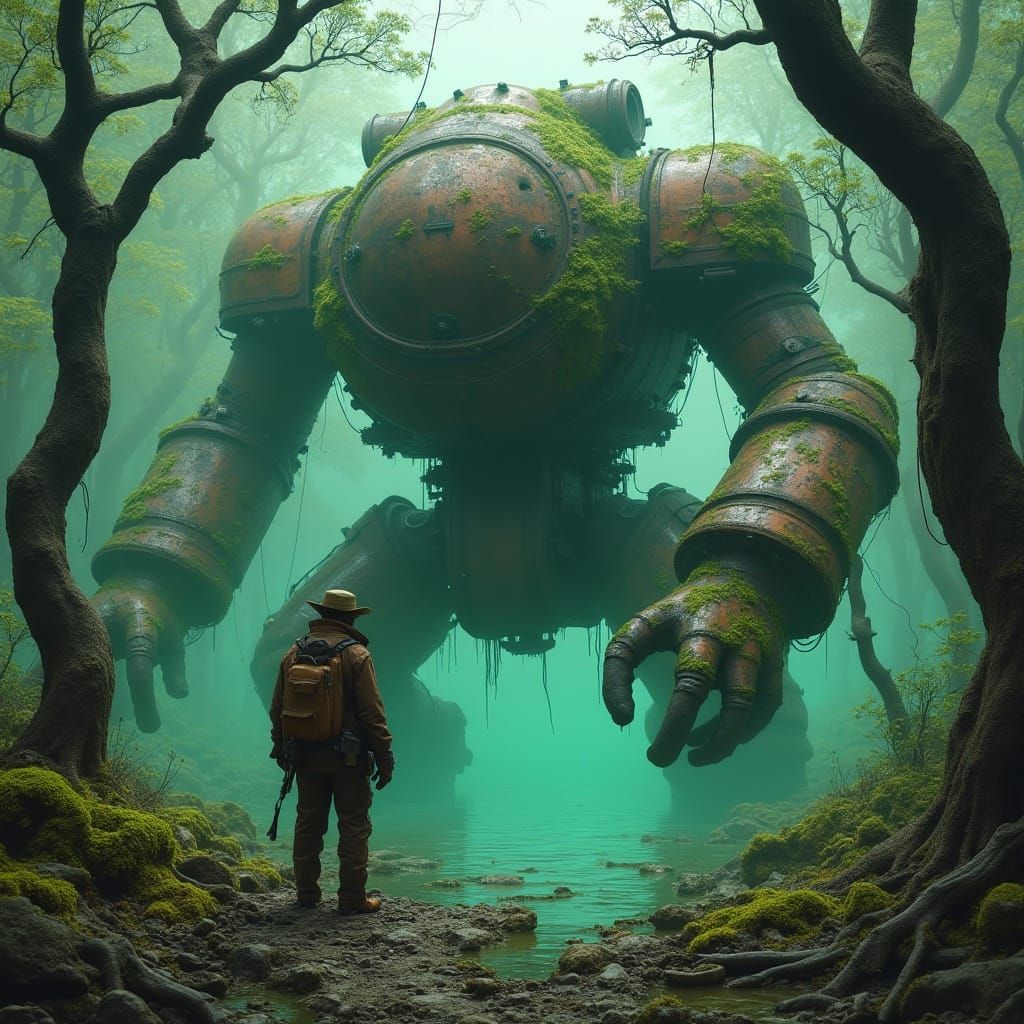 Explorer and Colossal War Machine in Swamp