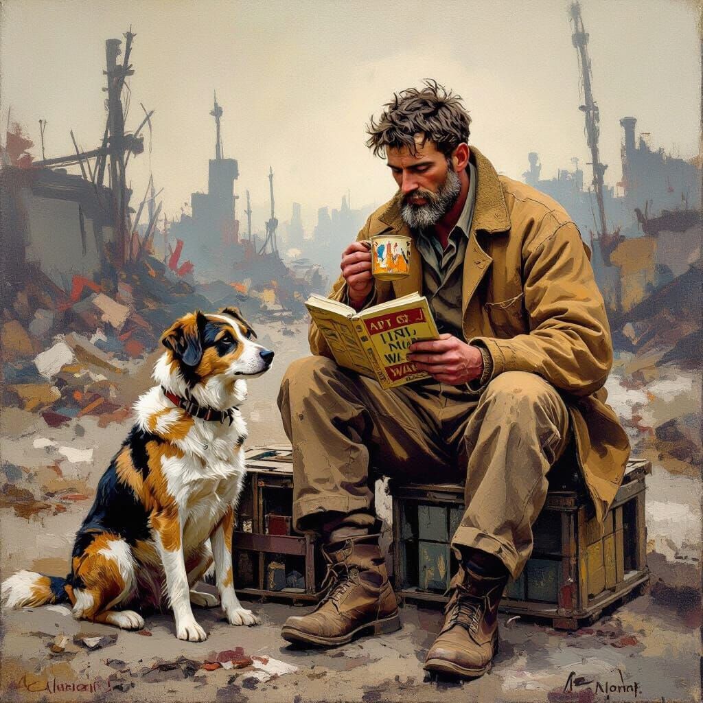 Neo-Impressionist Man and Dog in War-Torn City