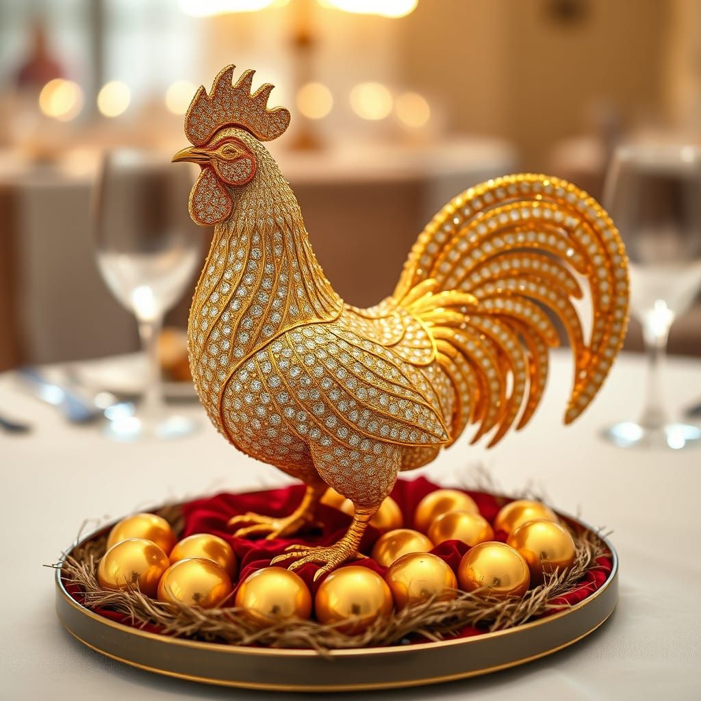 Golden Rooster Adorned with Diamonds on Red Velvet