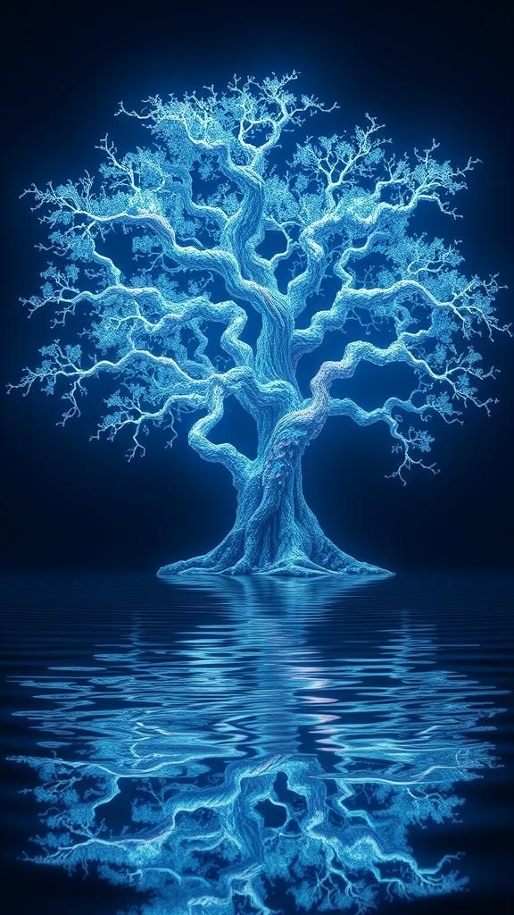 Bioluminescent Fractal Tree in Lake, Photorealistic Art