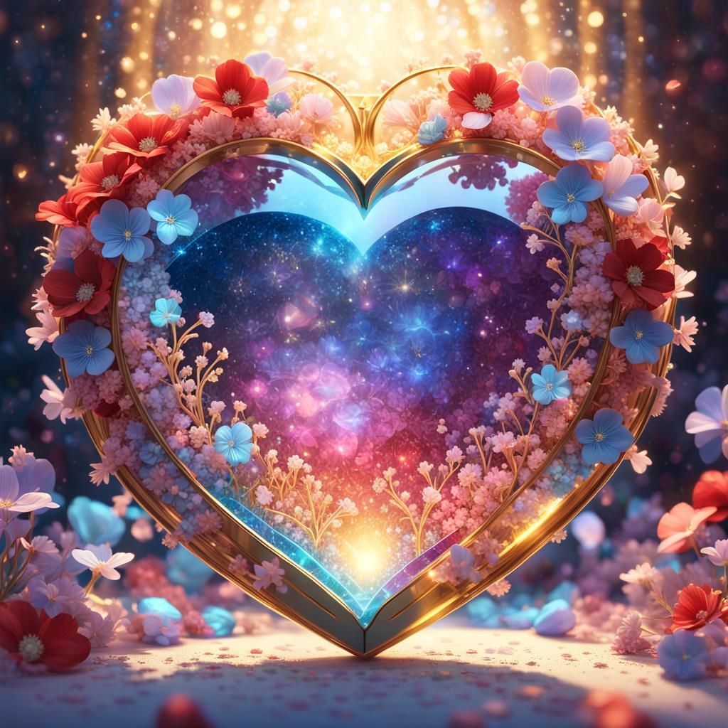 Floral Heart Surrounded by Crystals in Art Nouveau Style