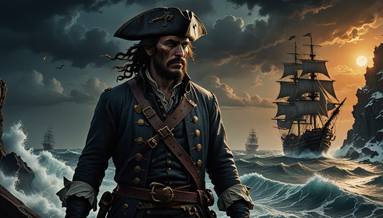 18th-Century Pirate Captain in Dramatic Maritime Scene