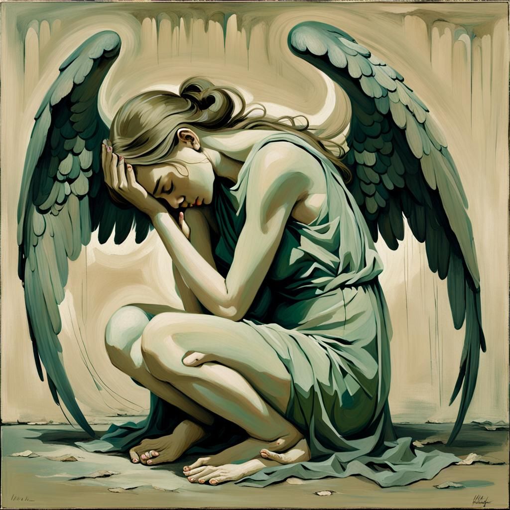 Melancholic Winged Figure in Muted Green and Beige