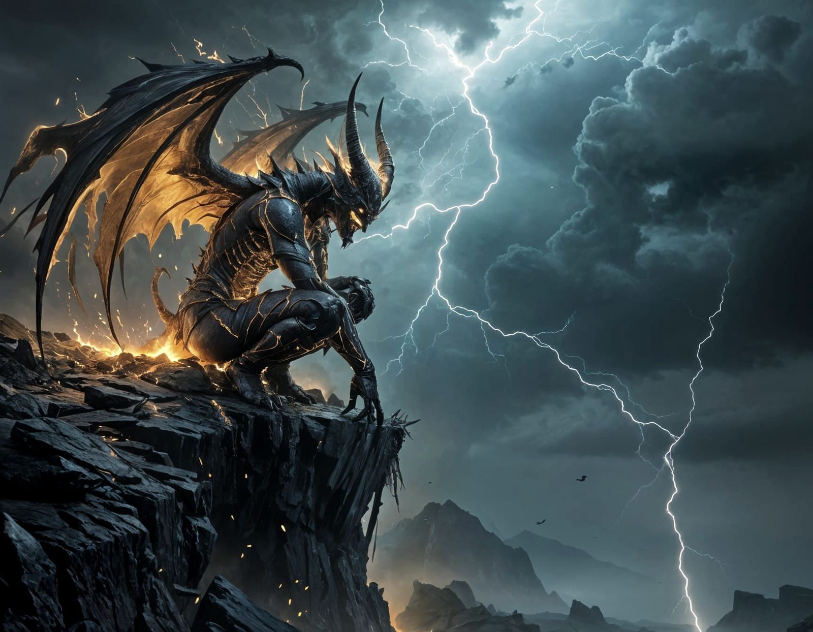 Ethereal Demon Crouched on Cliff, Radiating Warmth Amidst St...