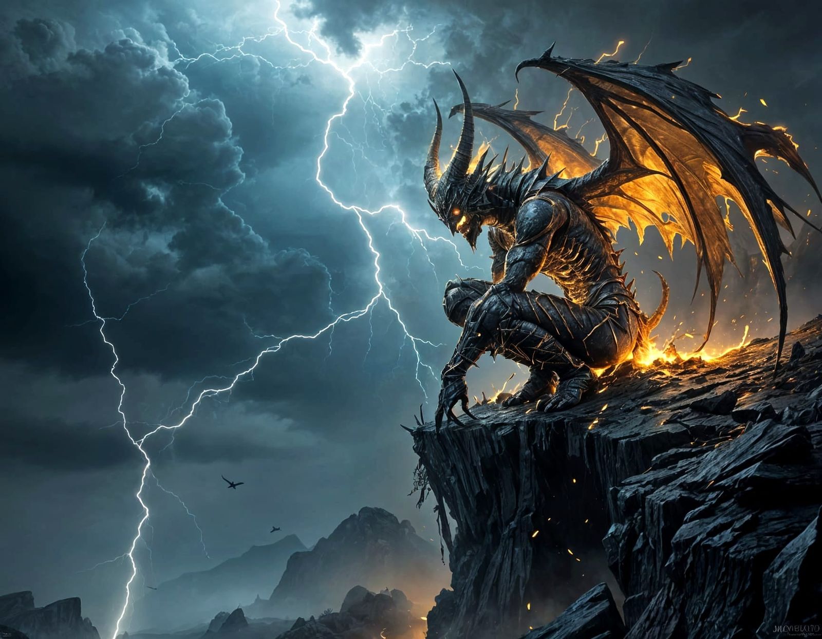 Sorrowful Demon on Cliff's Edge in Chiaroscuro Style