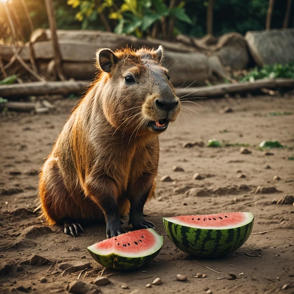 Capybara Chomping Watermelon in Cinematic Film Still