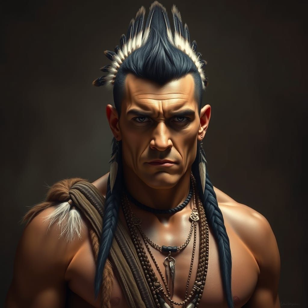 Native American Warrior Portrait in Hyperrealism Style