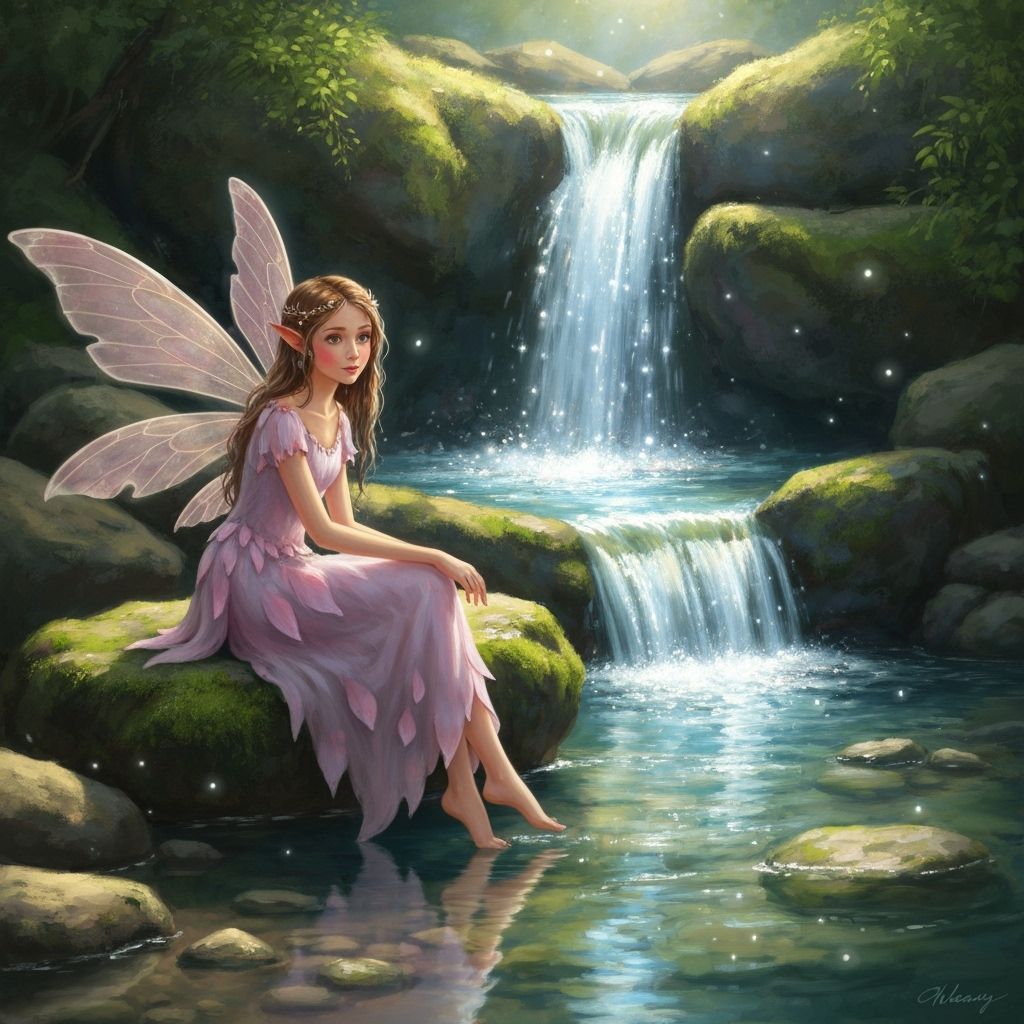 Graceful Fairy by Waterfall in Ethereal Style