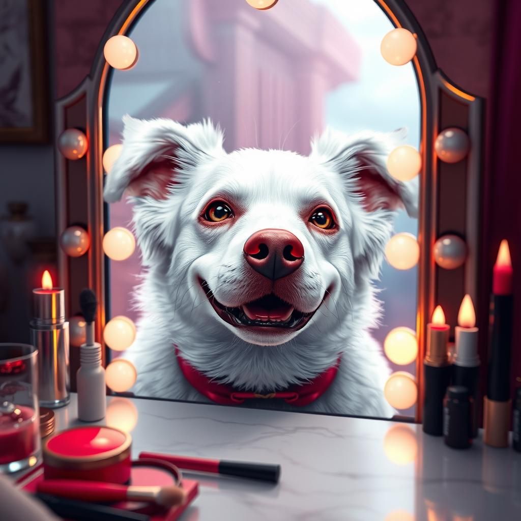 Smiling White Dog with Makeup in Detailed Digital Painting