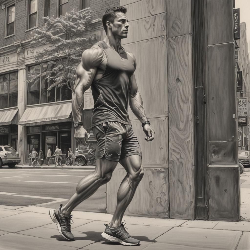 Detailed Graphite Drawing of Muscular Man Walking