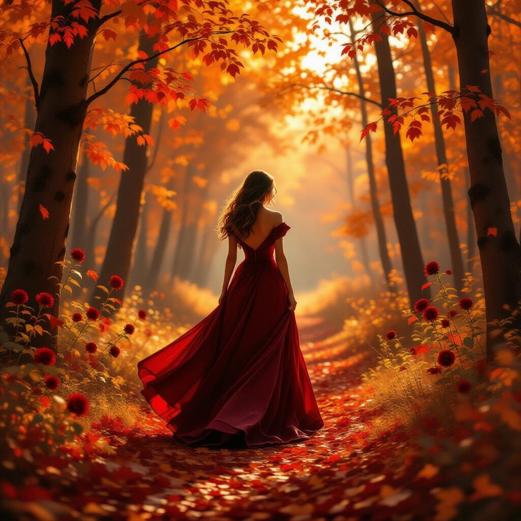 Woman in Crimson Gown Autumn Forest Golden Light