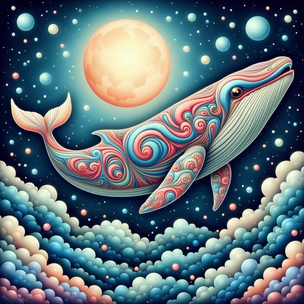 Whimsical Whale Under Full Moon