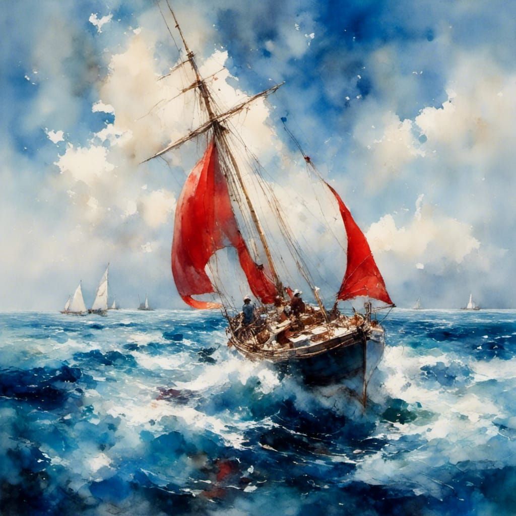 Sailboat on Calm Ocean in Oil Painting Style