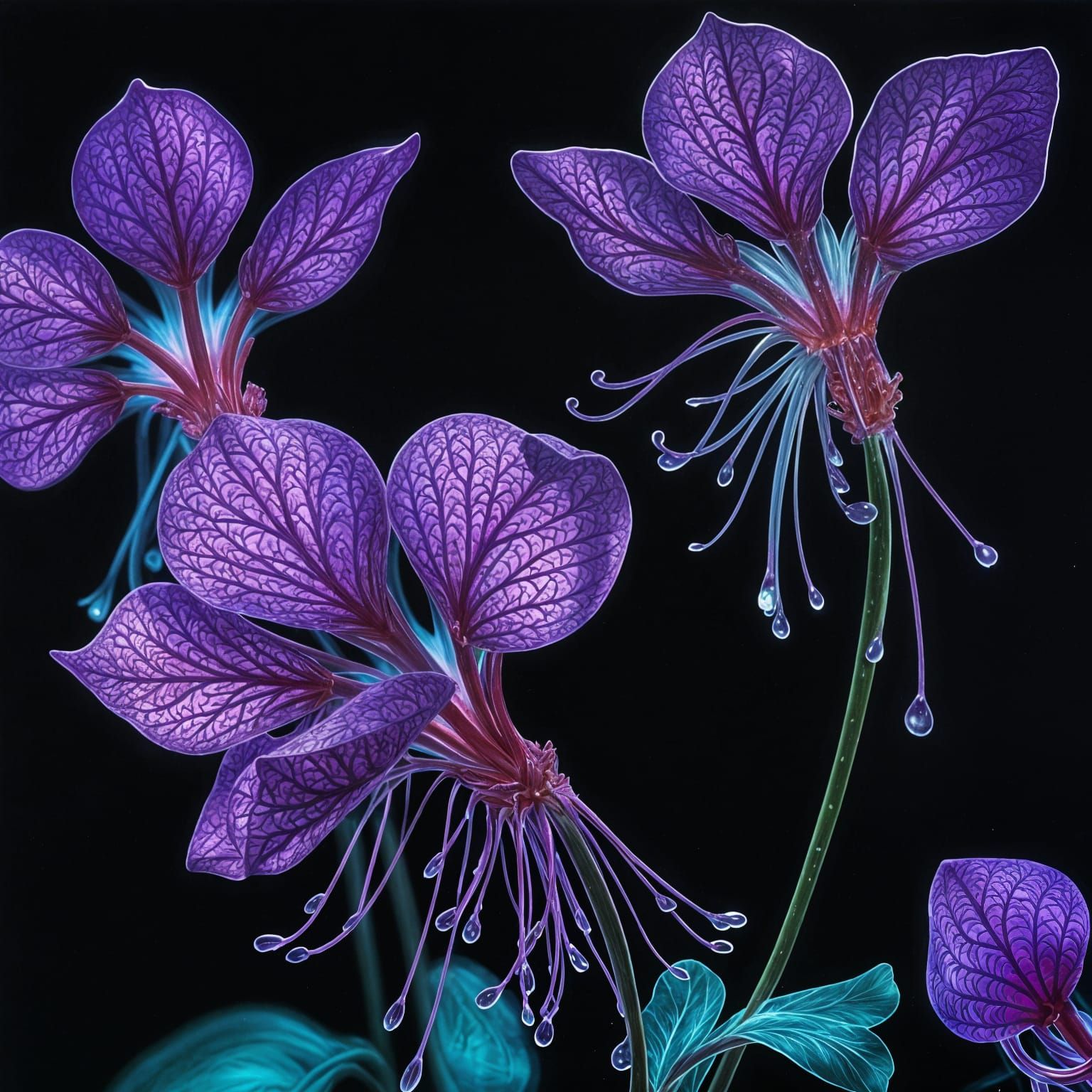 Purple Flowers Against Black Backdrop as Airbrush Painting