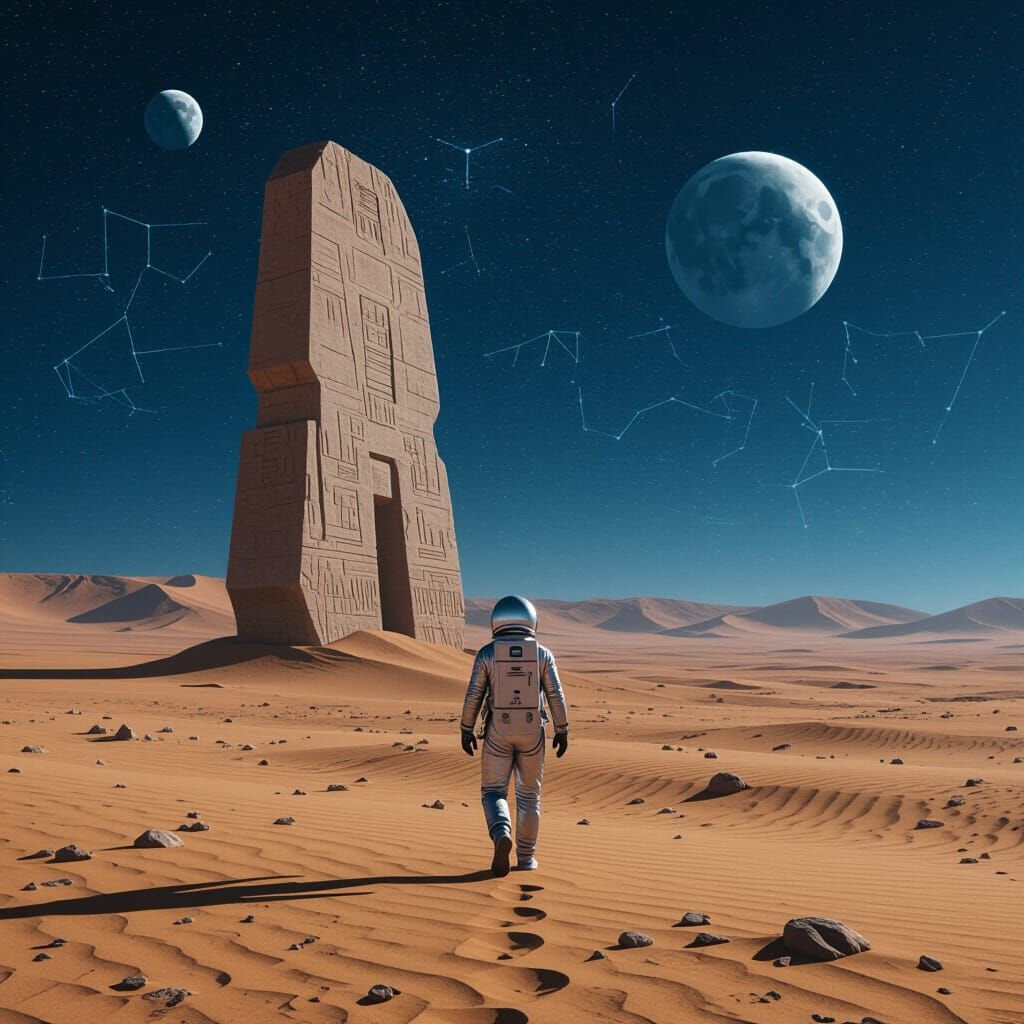 Astronaut on Alien Planet with Stone Monument