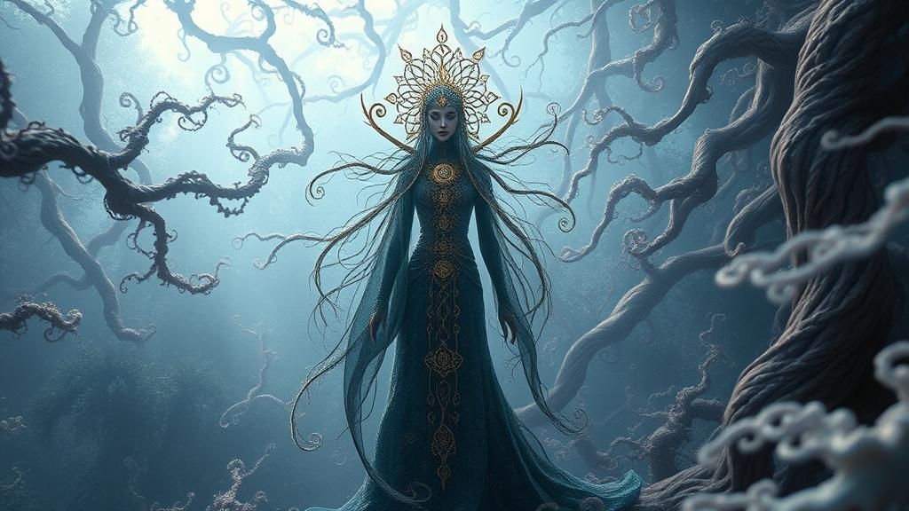 Mystical Dervish in Mycelium Network, Surreal Art Nouveau