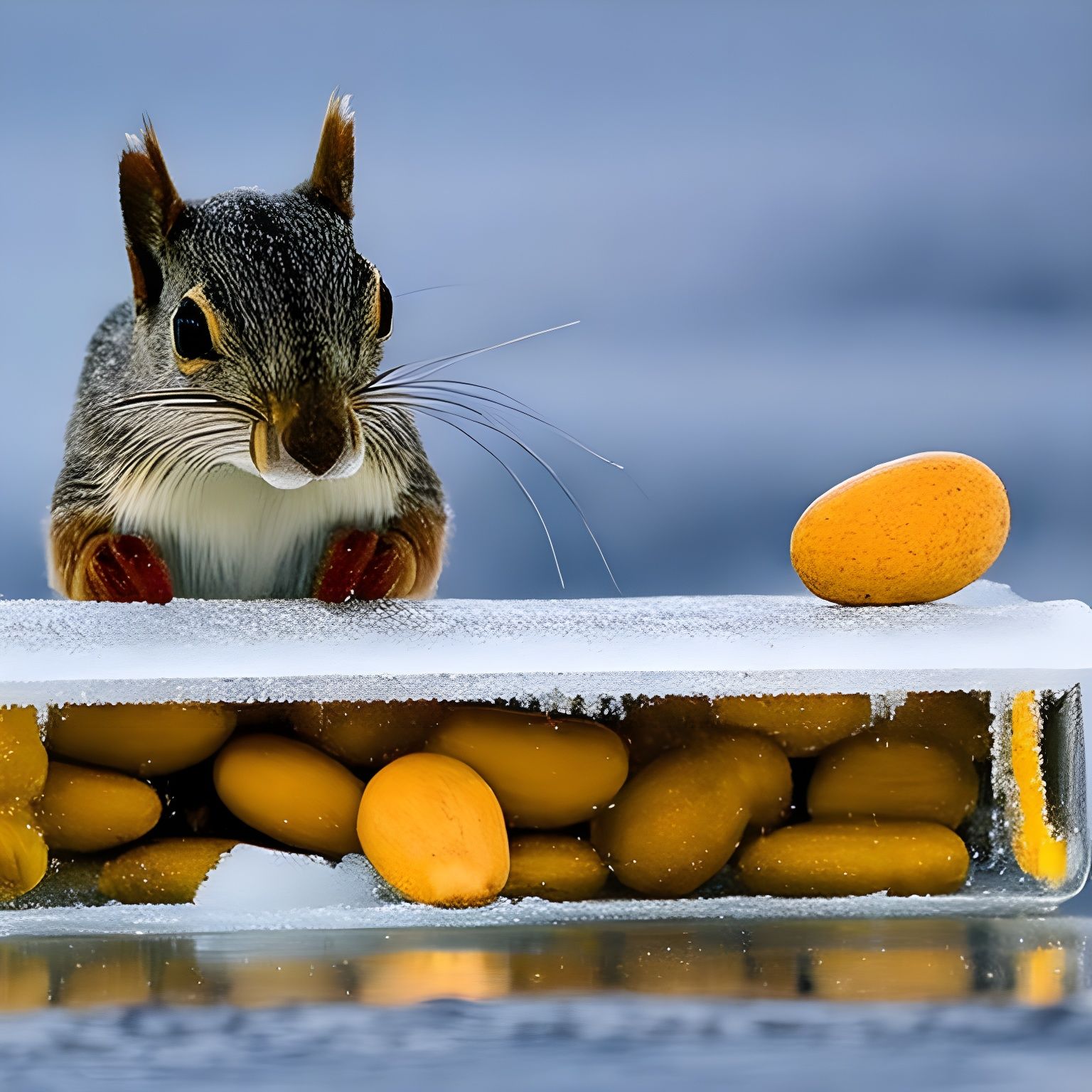 Squirrel Scratches Ice Block for Frozen Peanuts