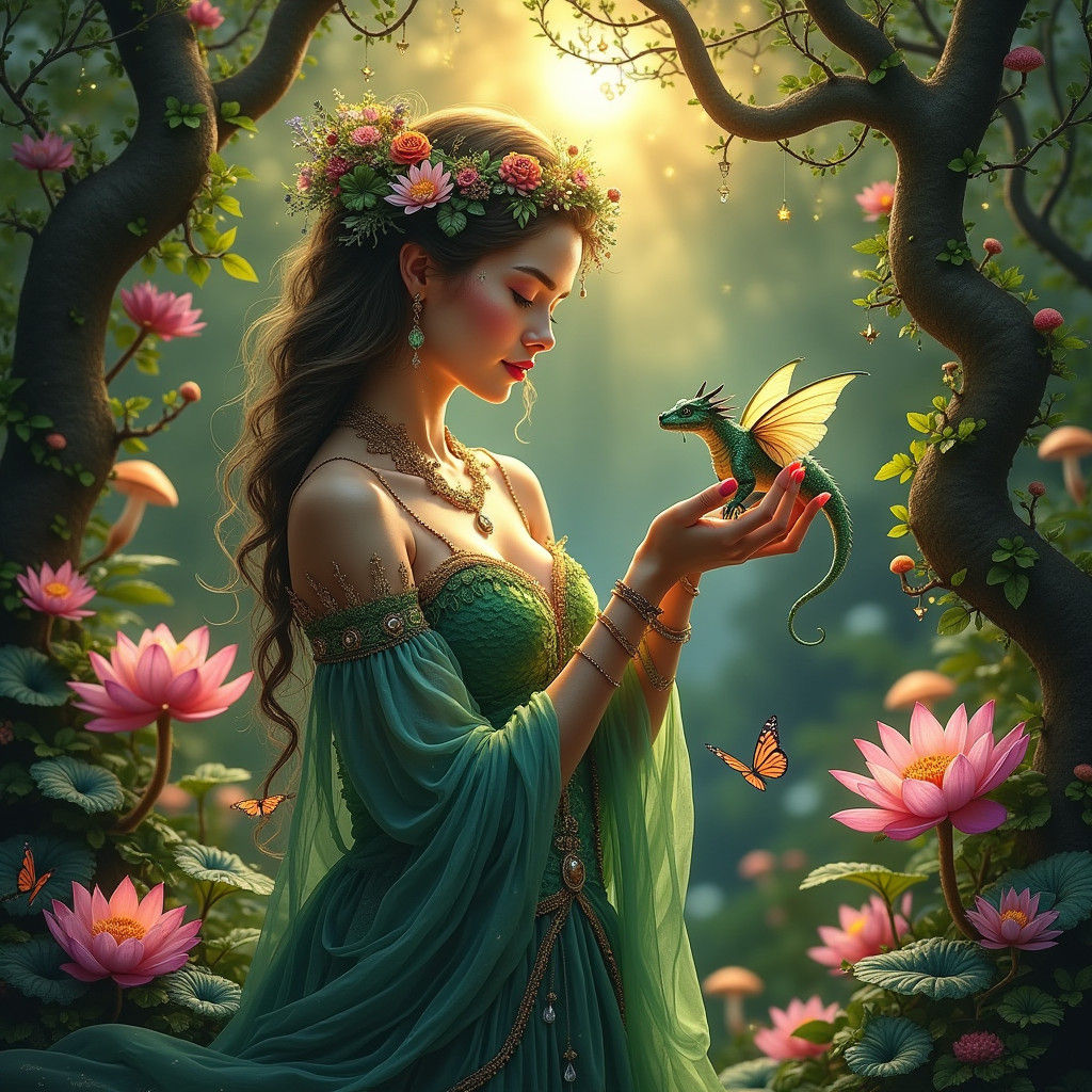 Earth Goddess with Dragon Baby in Enchanted Forest