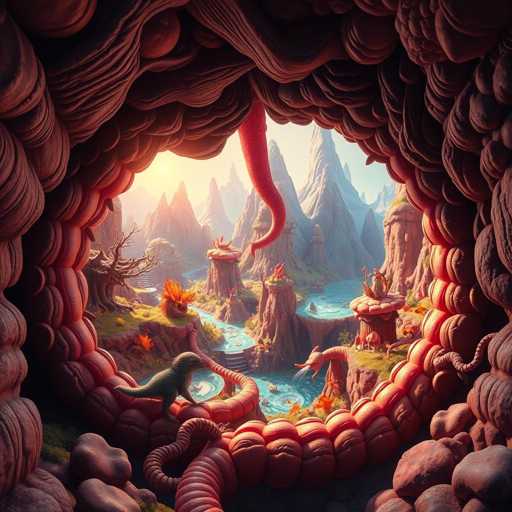 Whimsical World Inside a Digestive System as Matte Painting