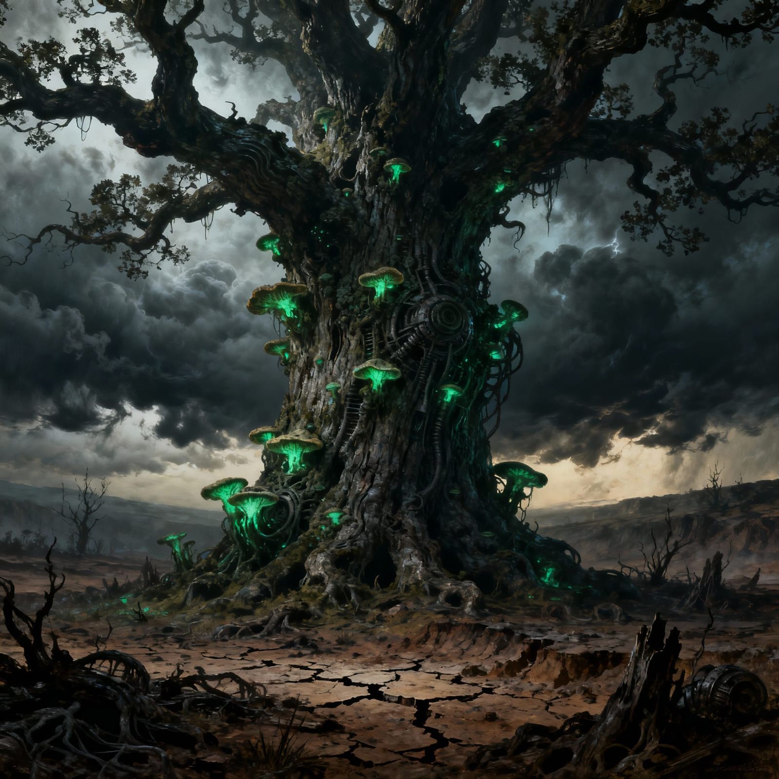 Ancient Oak Sentinel in Stormy, Eerie Landscape