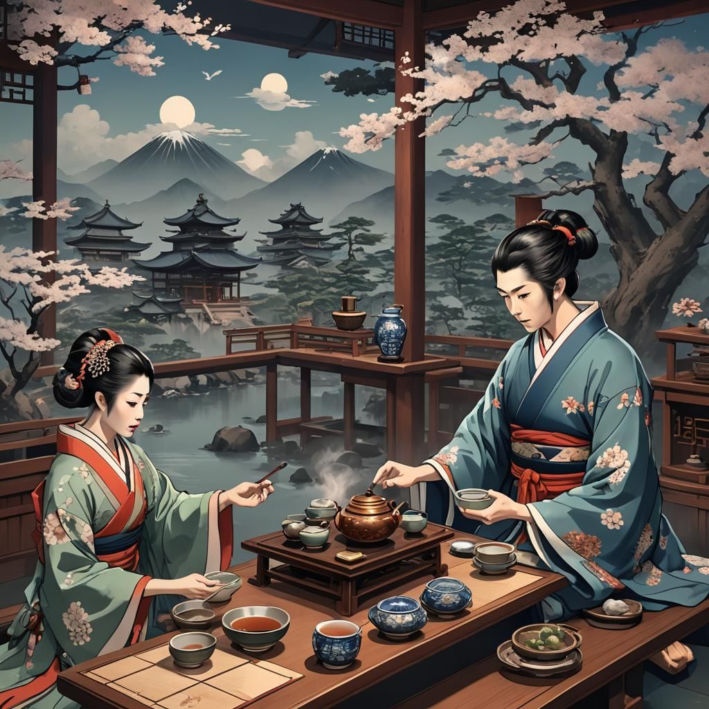 Ukiyo-e Style Tea Ceremony: Detailed Matte Painting