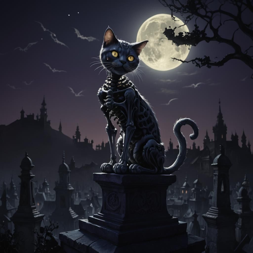 Skeleton Cat on Moonlit Roof in Gothic Style