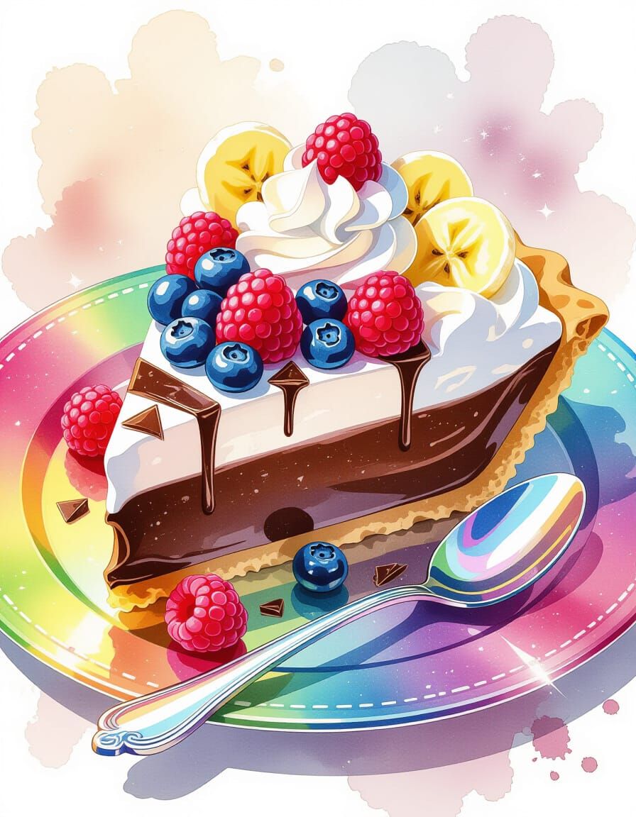 Whimsical Chocolate Cream Pie Slice with Rainbow Plate