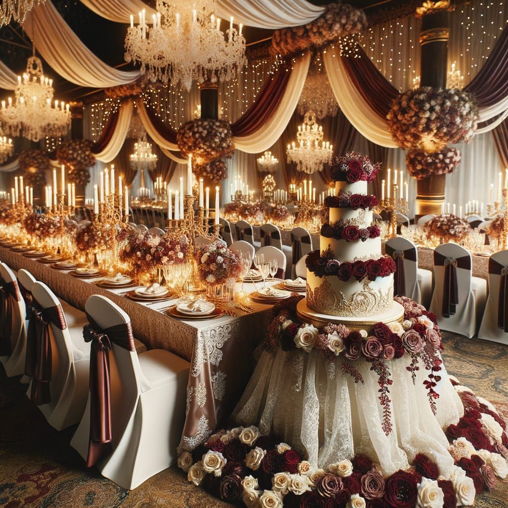 Elegant Wedding Reception with Burgundy Roses and Gold Accen...