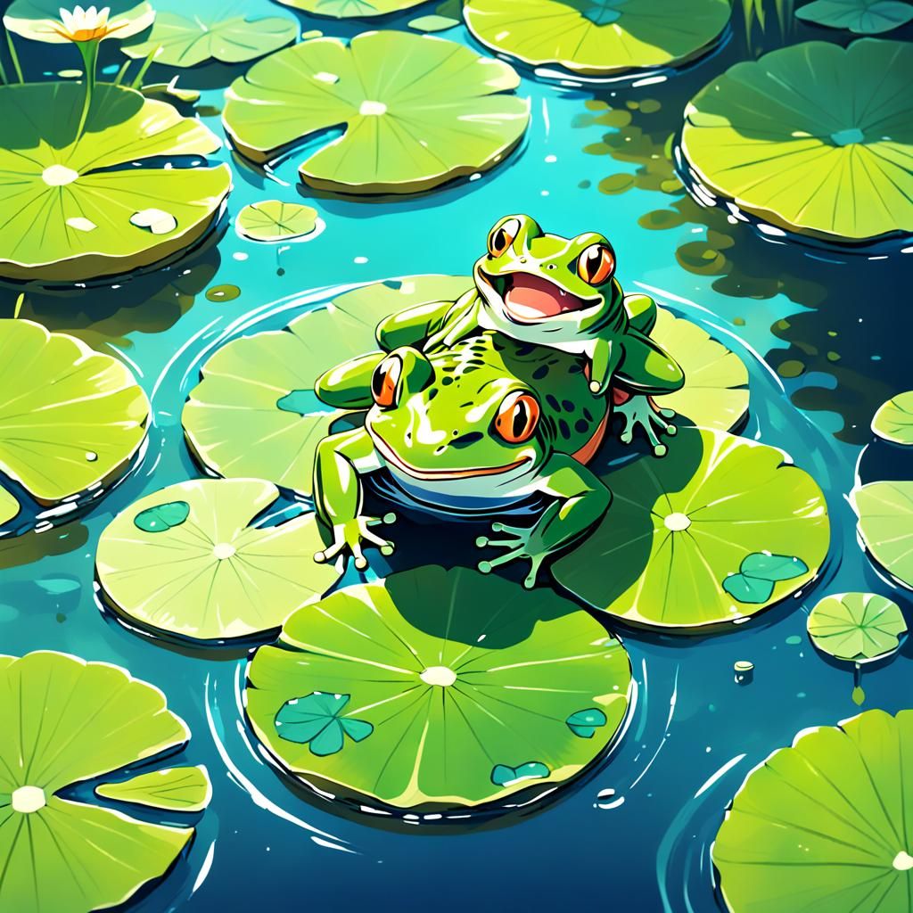 Cute Frog on Lilypad in Anime Style